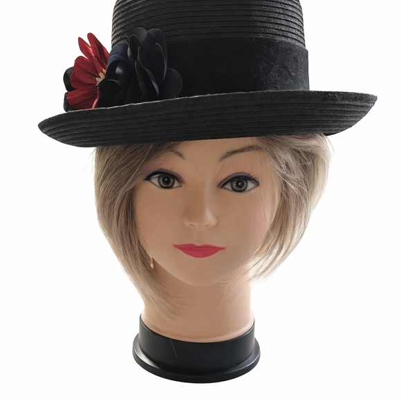 Nine West Accessories - NINE WEST Black Hat with Red and Black Floral Detail.  EUC.